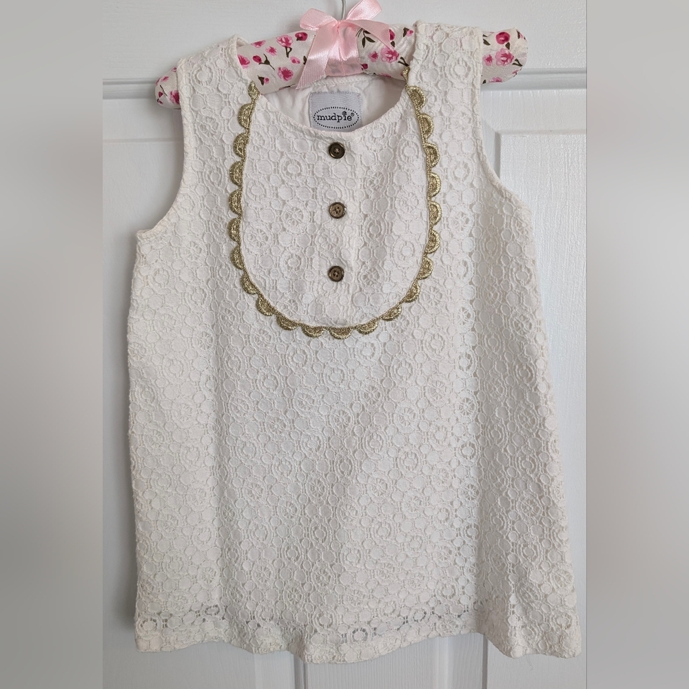 White Lace Sleeveless Tunic with Gold Accents